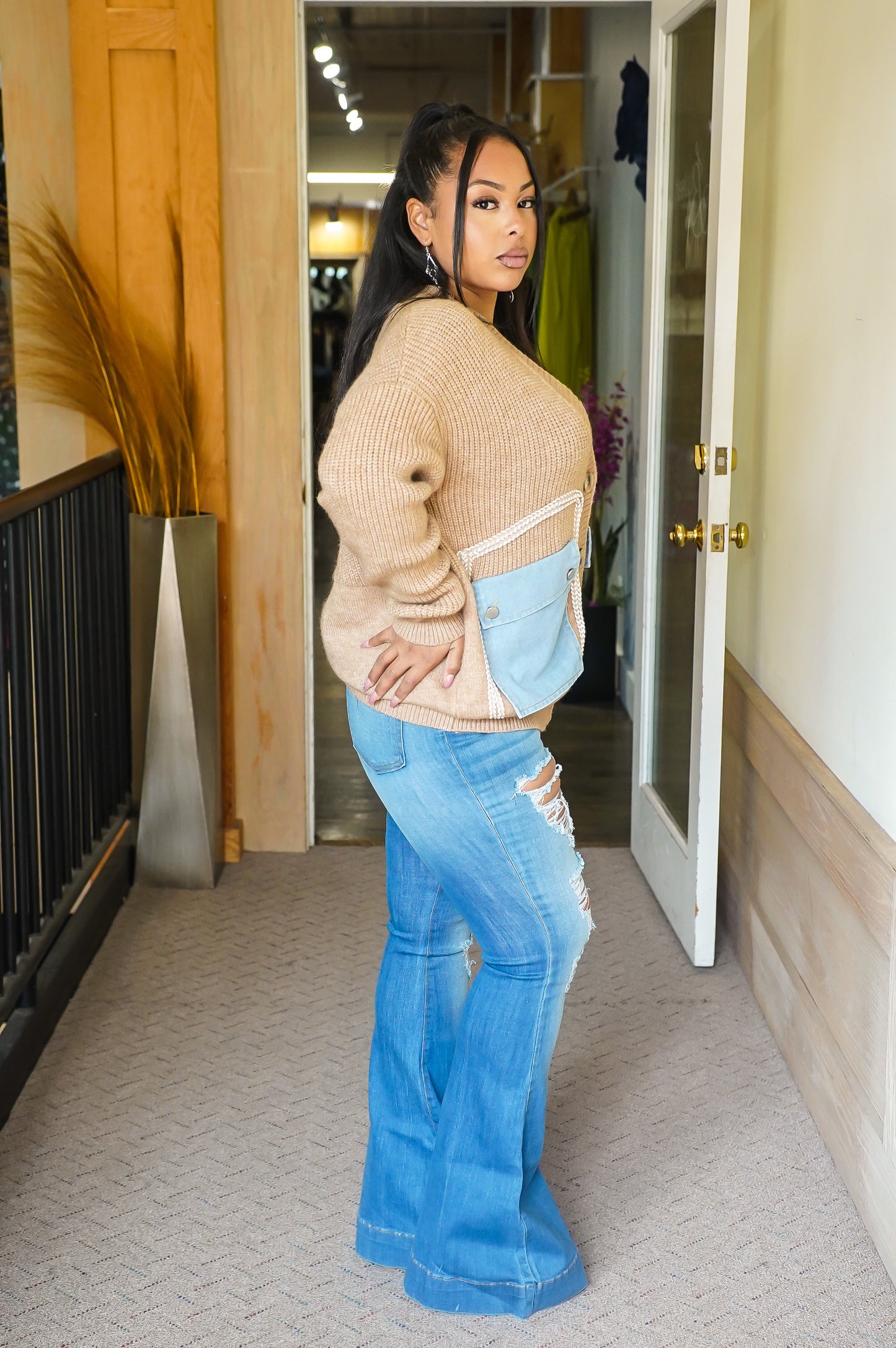 School Gurl Denim Mix Cardigan (Khaki)
