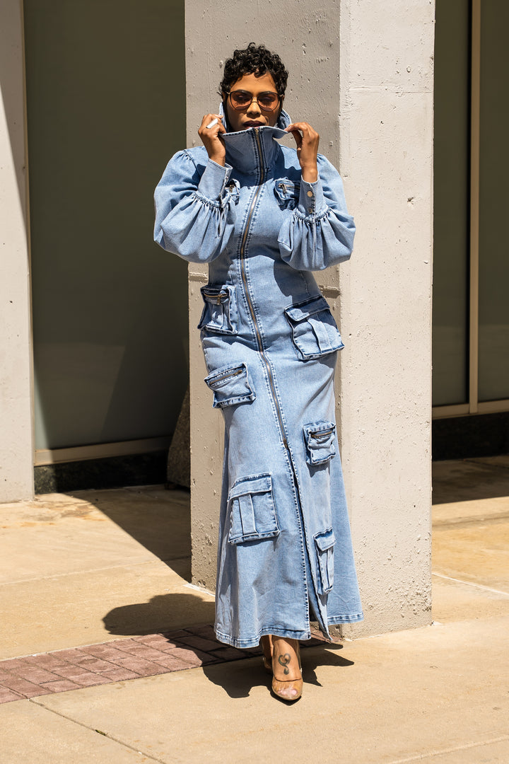 Giving you the Blues Denim Zipper Pocket Dress