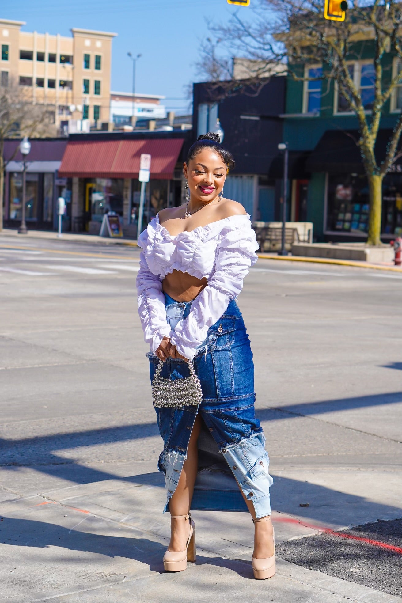 Jean skirt with off the shoulder fashion