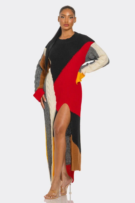TRI-COLOR MAXI SWEATER DRESS