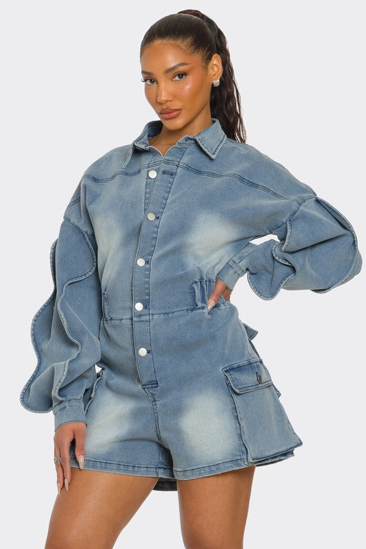 BUTTON IT UP WAVE DENIM ROMPER