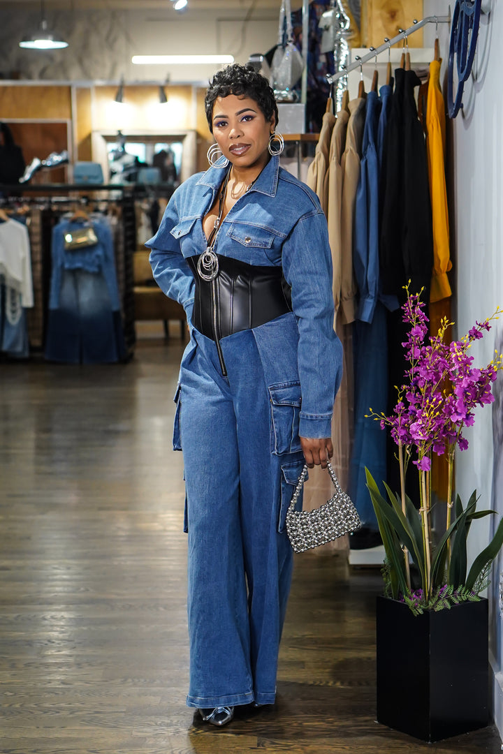 Bring it In Faux Leather Denim Cargo Jumpsuit