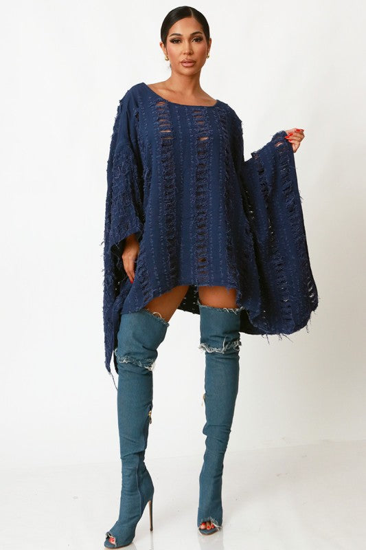 All Ripped Up Asymmetrical Oversized Top (Dark Blue)