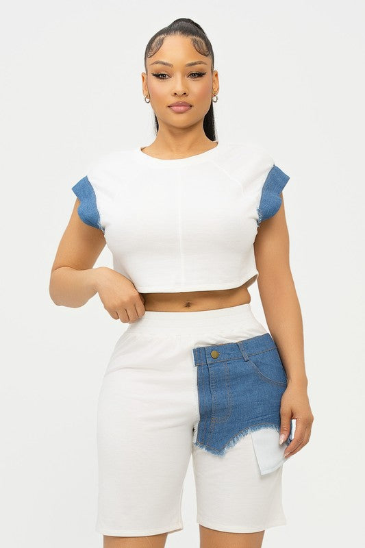 Denim Patch Me 2pc Shorts Set (Black)