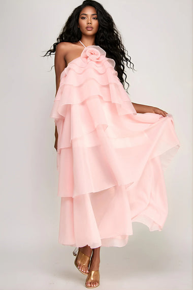 Soft Romance Layered Chiffon Dress (Pink)