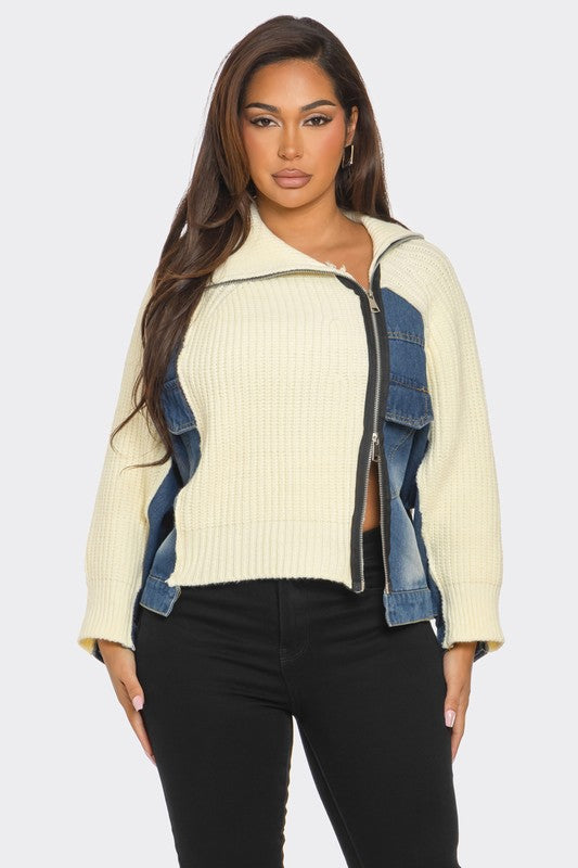 Denim Mix Up Zipper Sweater