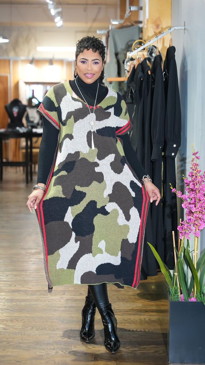 Camo Statement Long Poncho Cardigan