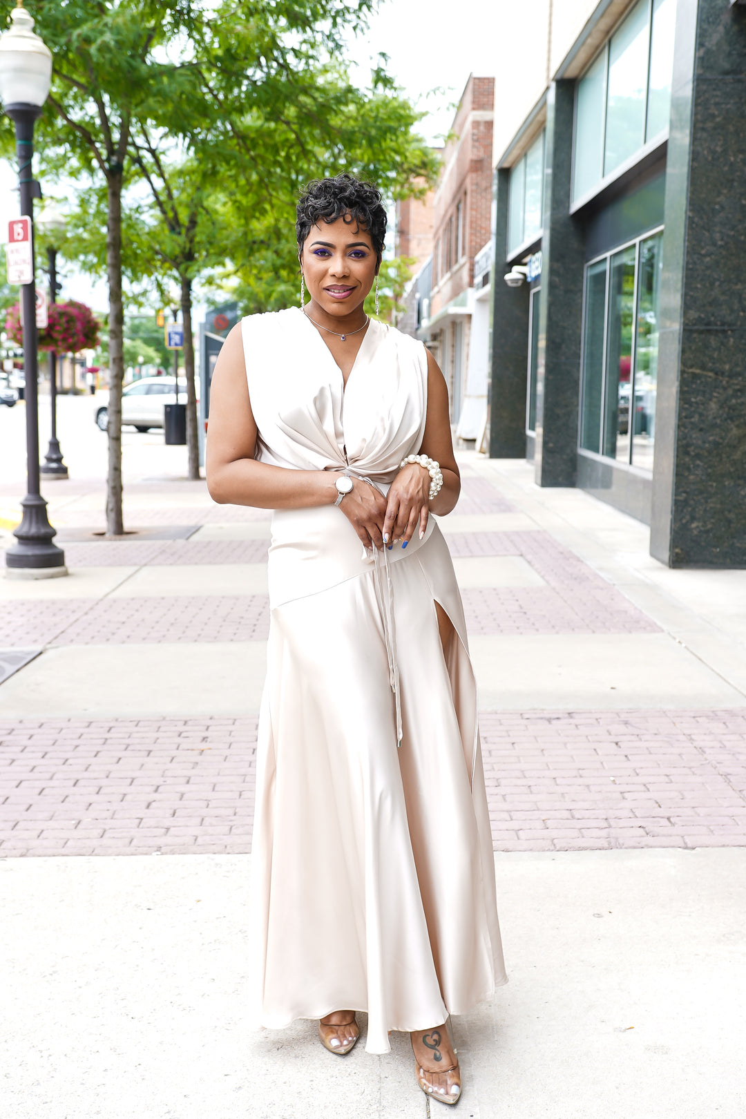 Satin Soft Pleated Split Dress