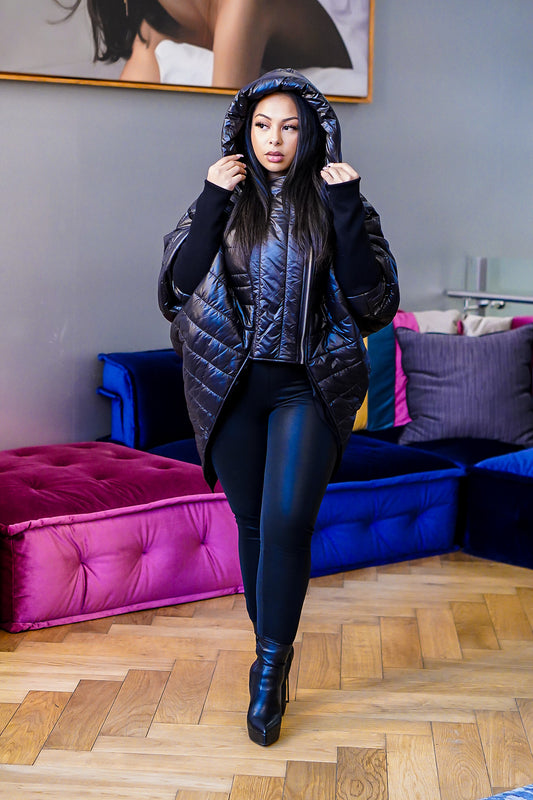 Chloe Asymmetric Bubble Sleeve Sweater Coat - (Black)