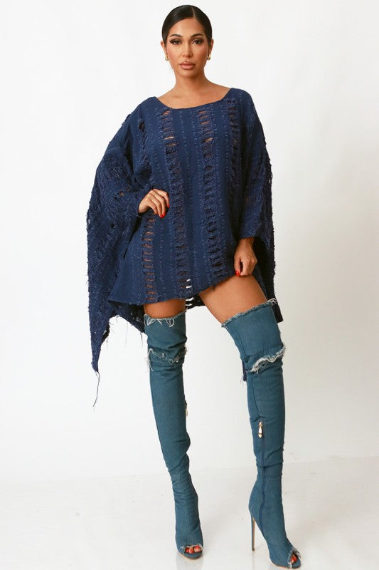 All Ripped Up Asymmetrical Oversized Top (Dark Blue)