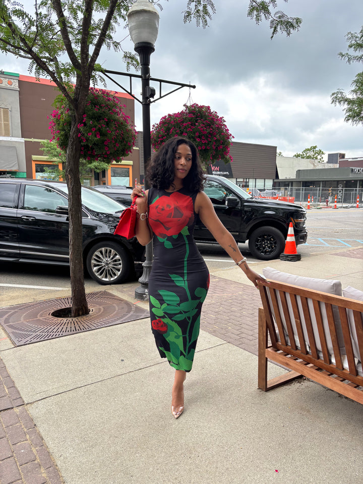 Rose Noir Garden Midi Dress(Black)