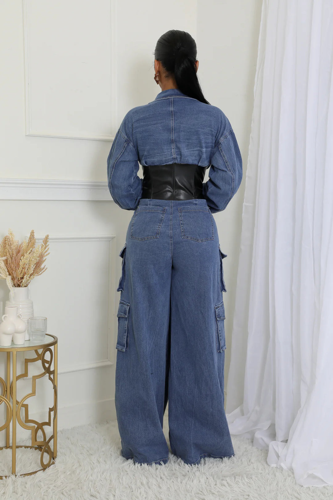 Bring it In Faux Leather Denim Cargo Jumpsuit