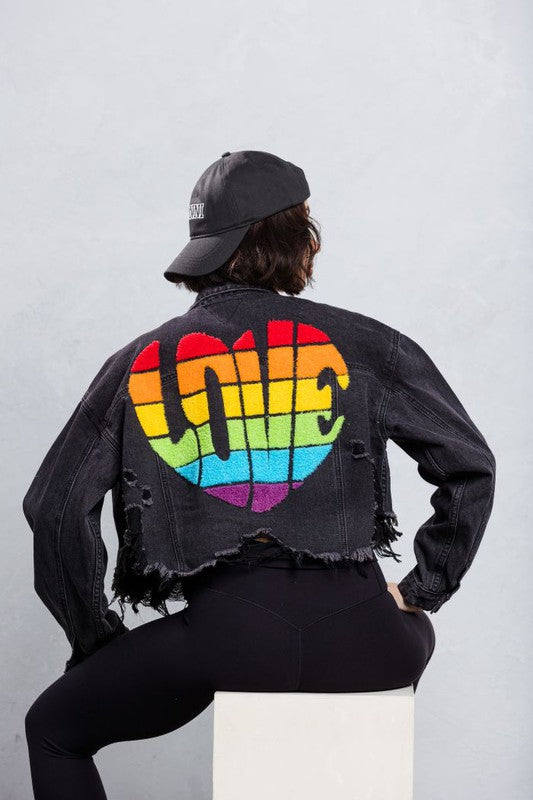 Rainbow Love Heart Distressed Crop Jacket