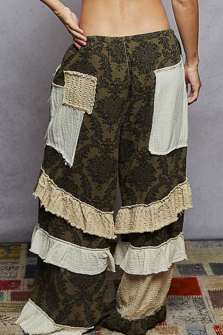 Textured Twill Contrast Ruffle Wide Leg