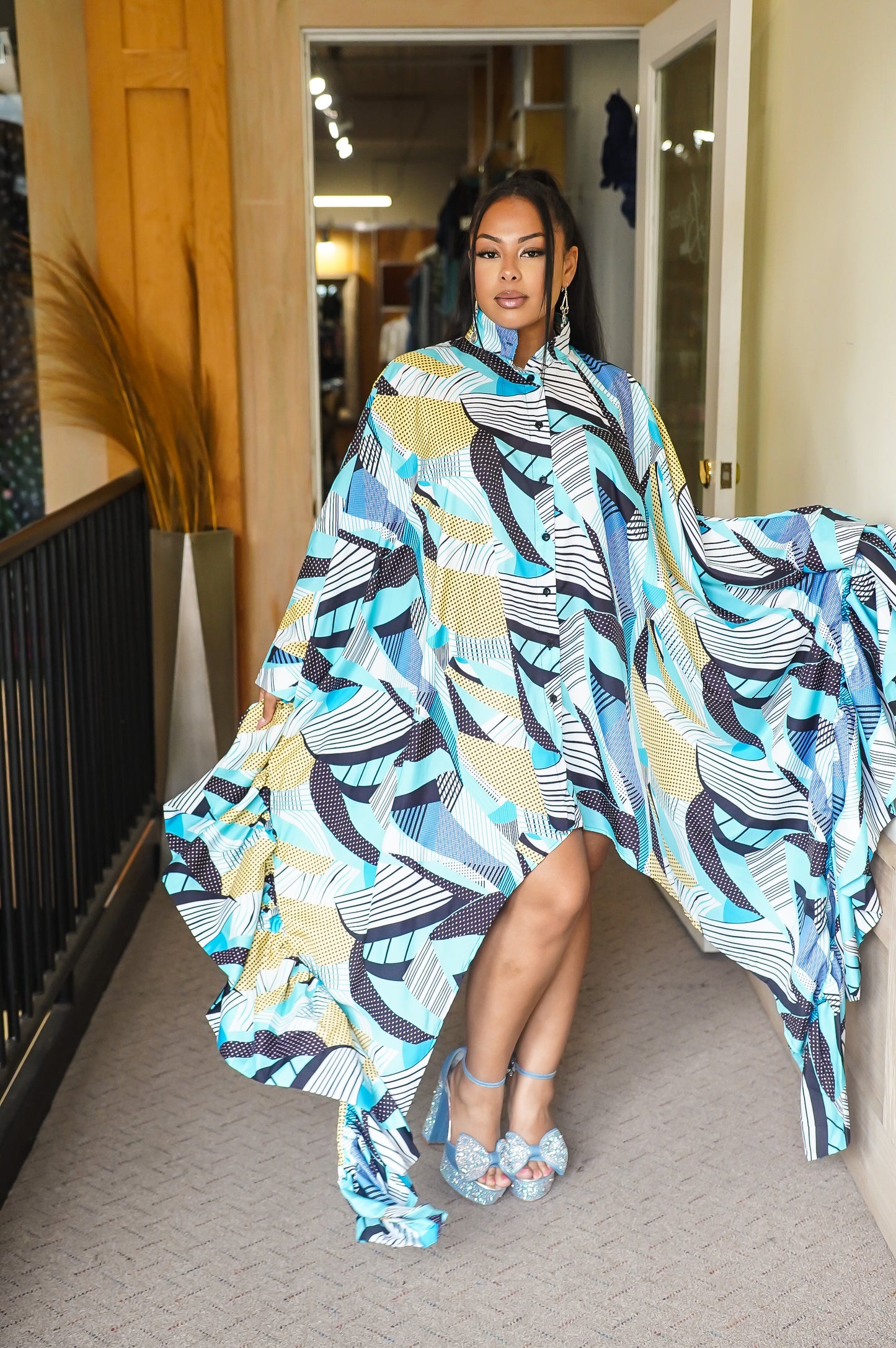 Let if Flow Asymmetric Maxi Shirt Dress w/side ruffles