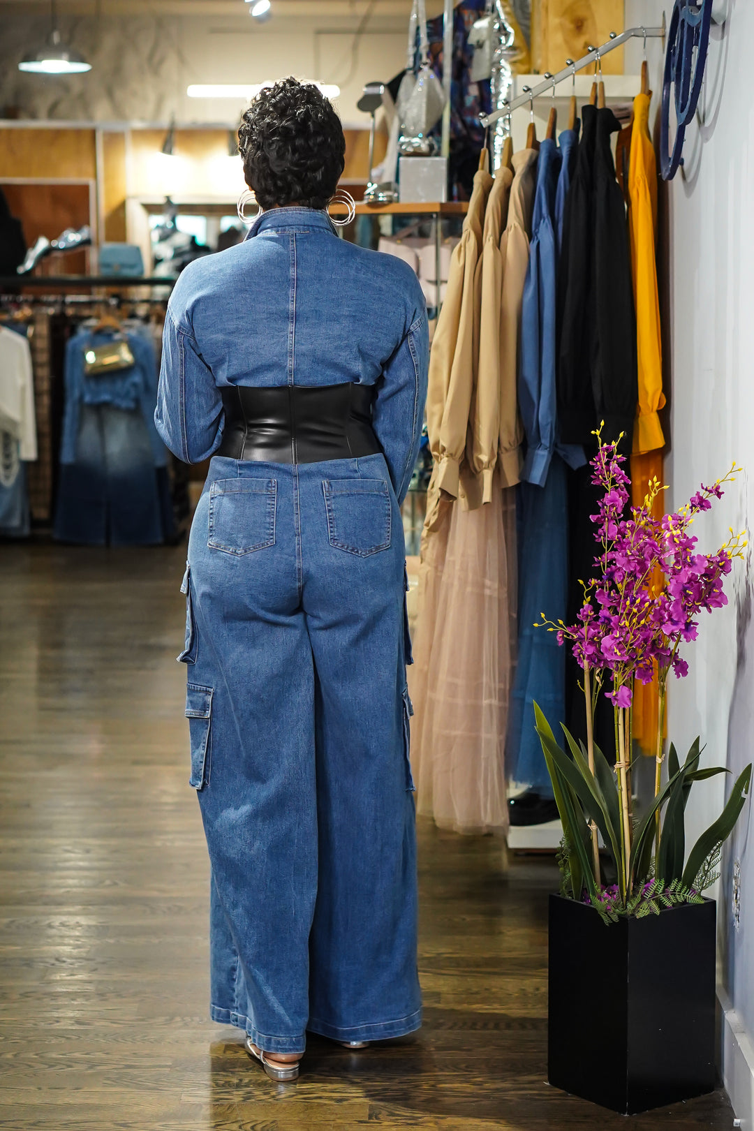 Bring it In Faux Leather Denim Cargo Jumpsuit