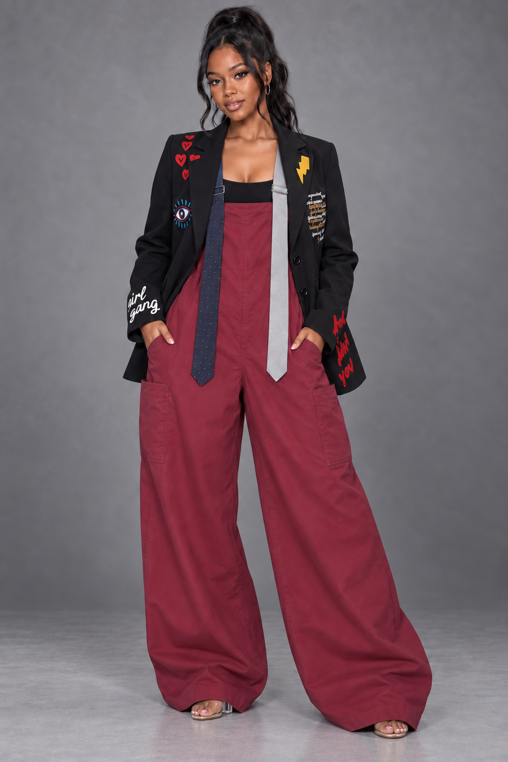 Varsity Chic  Tie Me Oversized Wide Leg Jumpsuit (Burgundy)