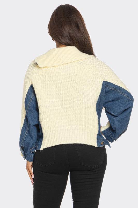 Denim Mix Up Zipper Sweater