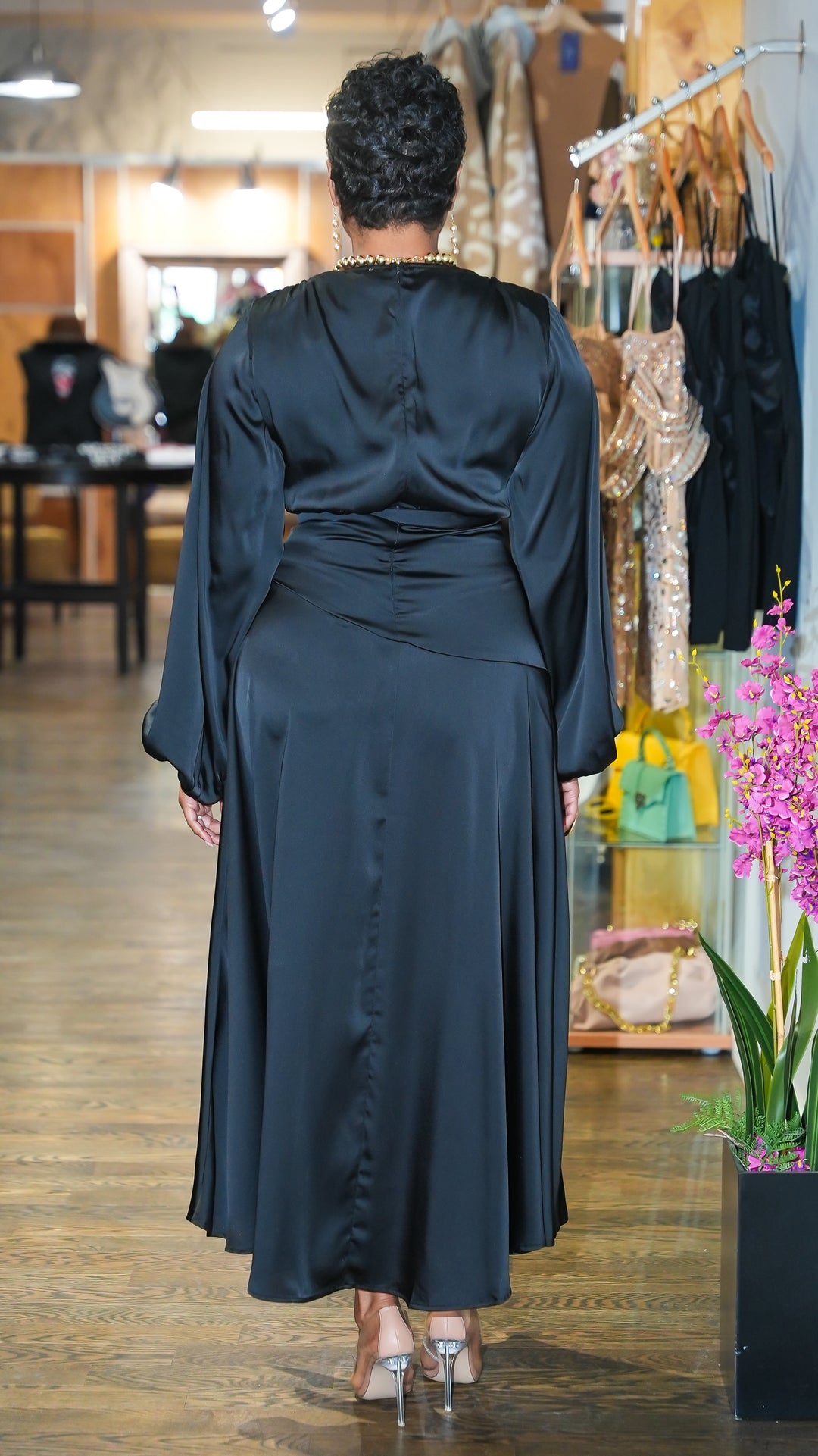 Satin Flow Balloon Sleeve Maxi Dress (Black)