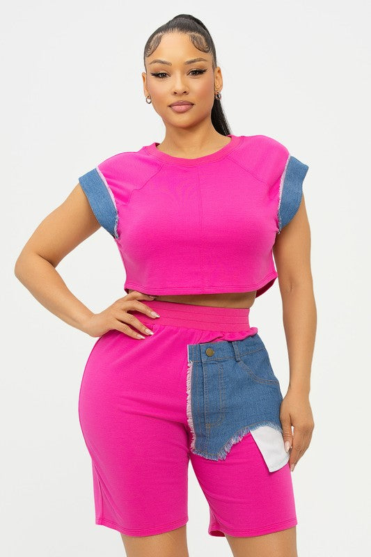 Denim Patch Me 2pc Shorts Set (Black)