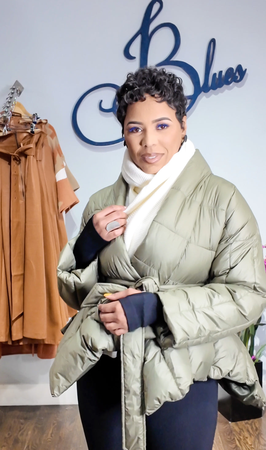 Puffer & Peplum  Belted Jacket (Olive)