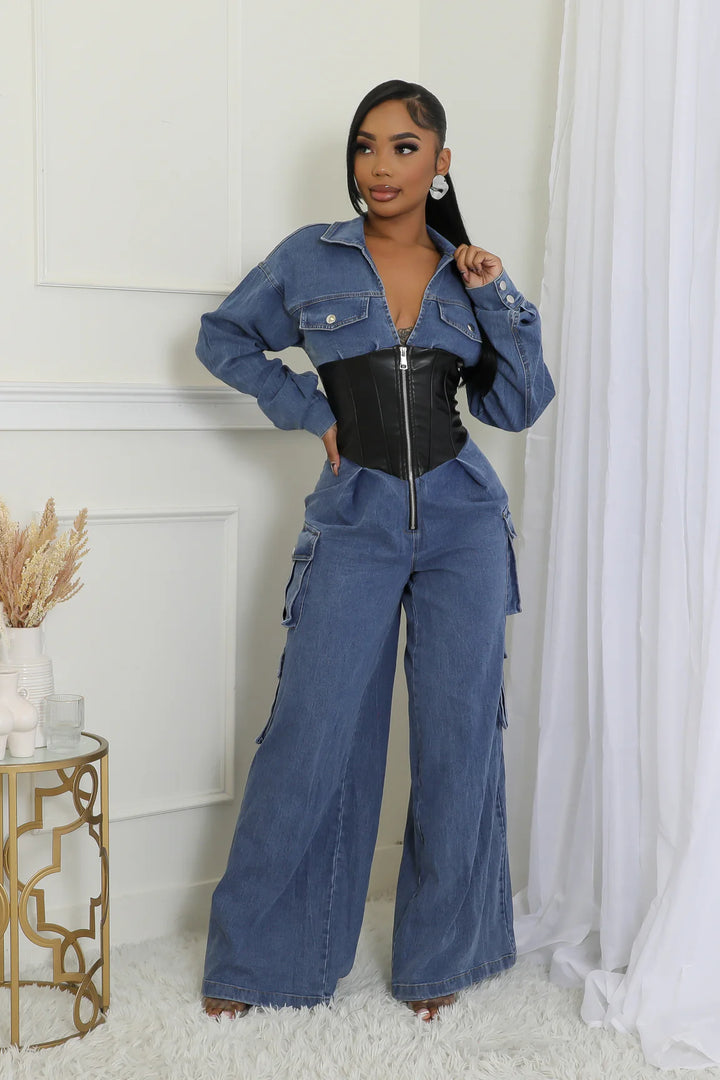 Bring it In Faux Leather Denim Cargo Jumpsuit