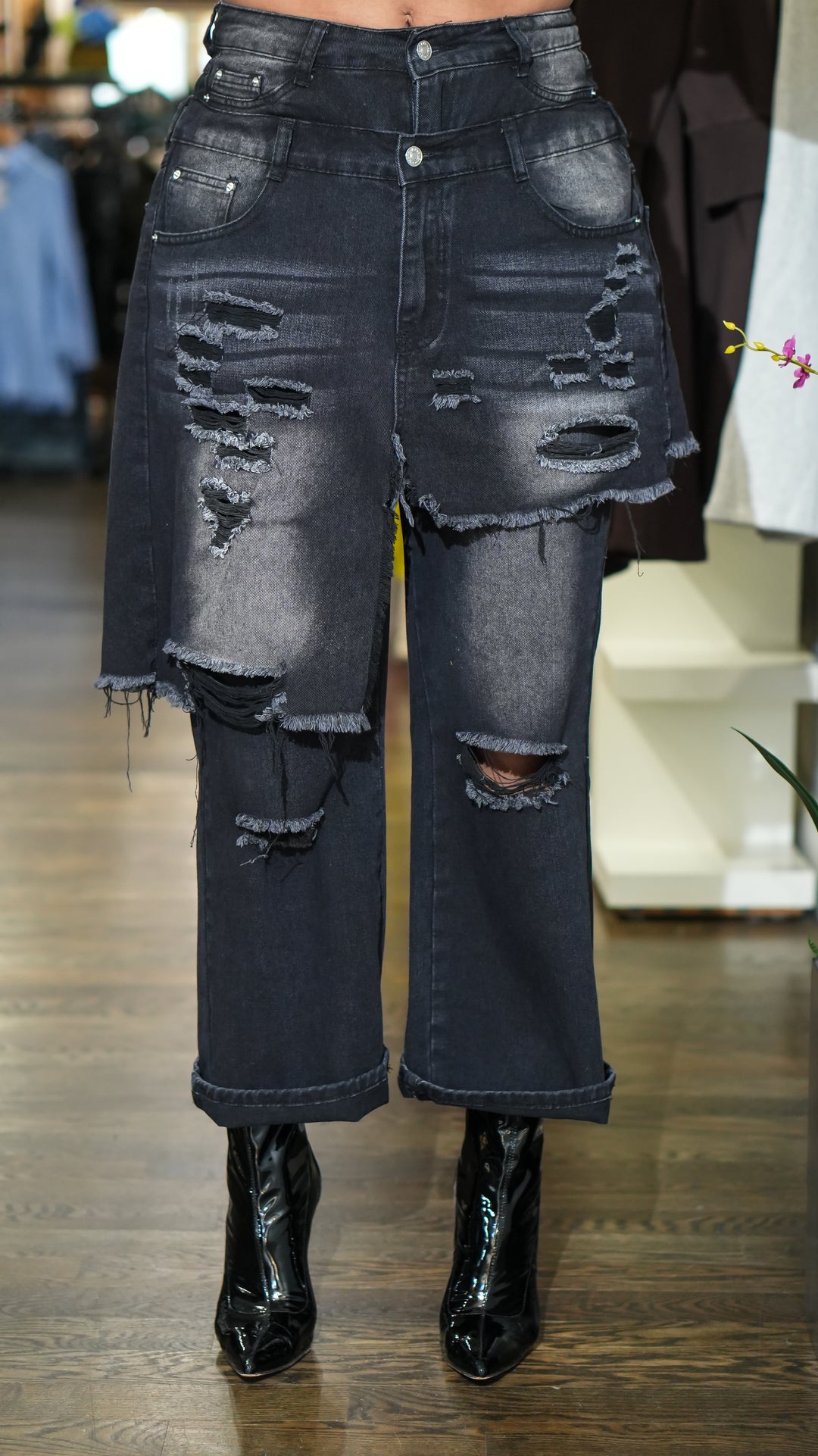 Double Layered Distressed Denim Jeans