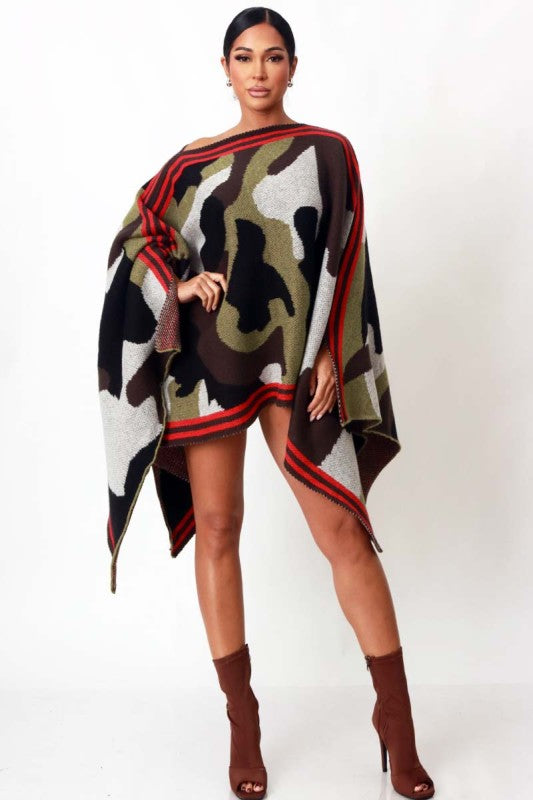 Effortless Bold Camo Poncho Sweater