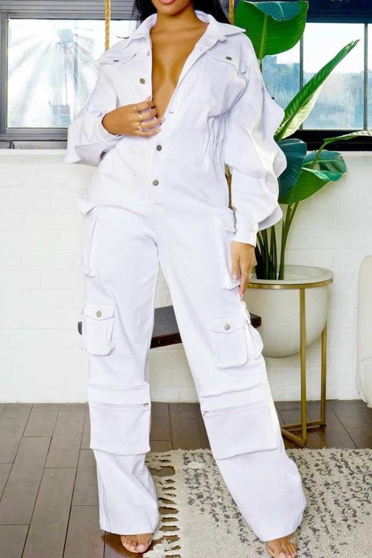 Kyleigh Cargo Ruffle Sleeve Jean Jumpsuit (White)