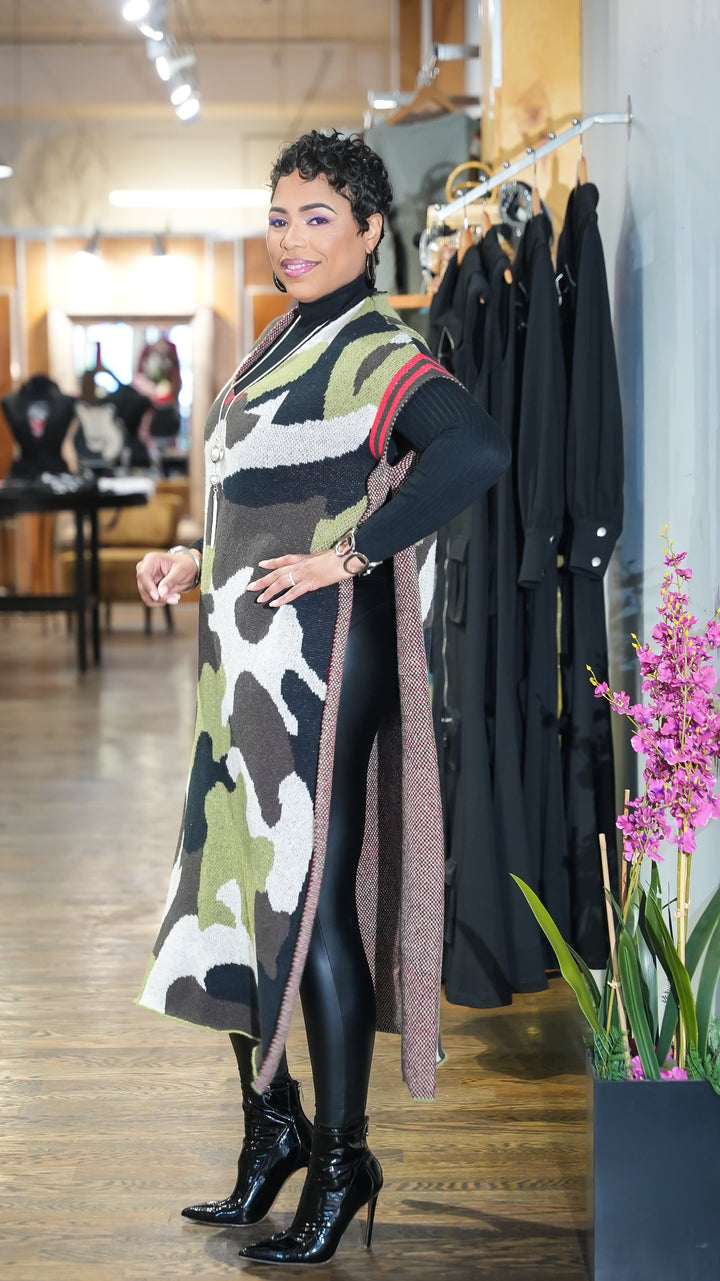Camo Statement Long Poncho Cardigan