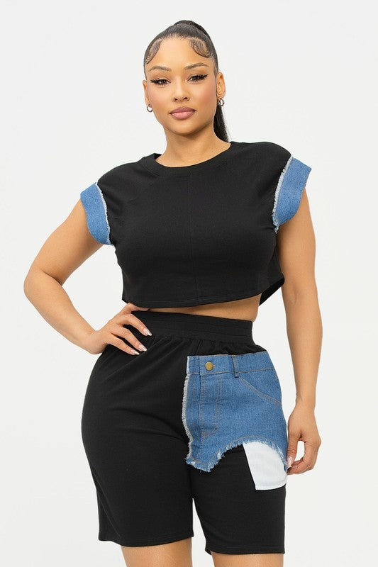 Denim Patch Me 2pc Shorts Set (Black)