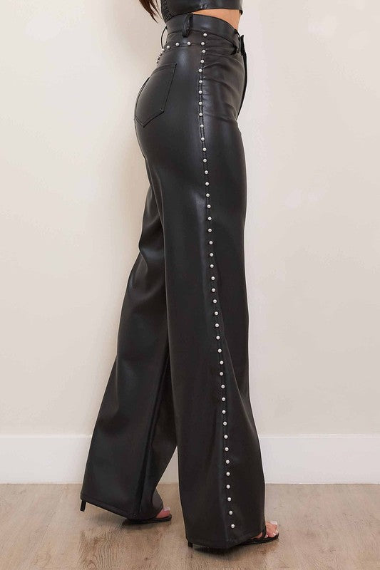 Studded After Dark Faux Leather Wide Leg