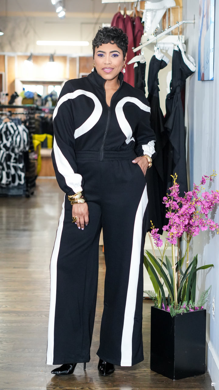 Contrasting Colors Swirl Jumpsuit (Black/White)