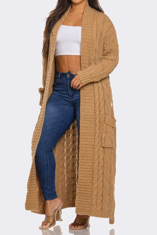 Cable Knit Cardigan w/Belt Sweater (Black)