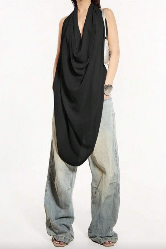 Cowl Neck Backless Tank Top (Black)