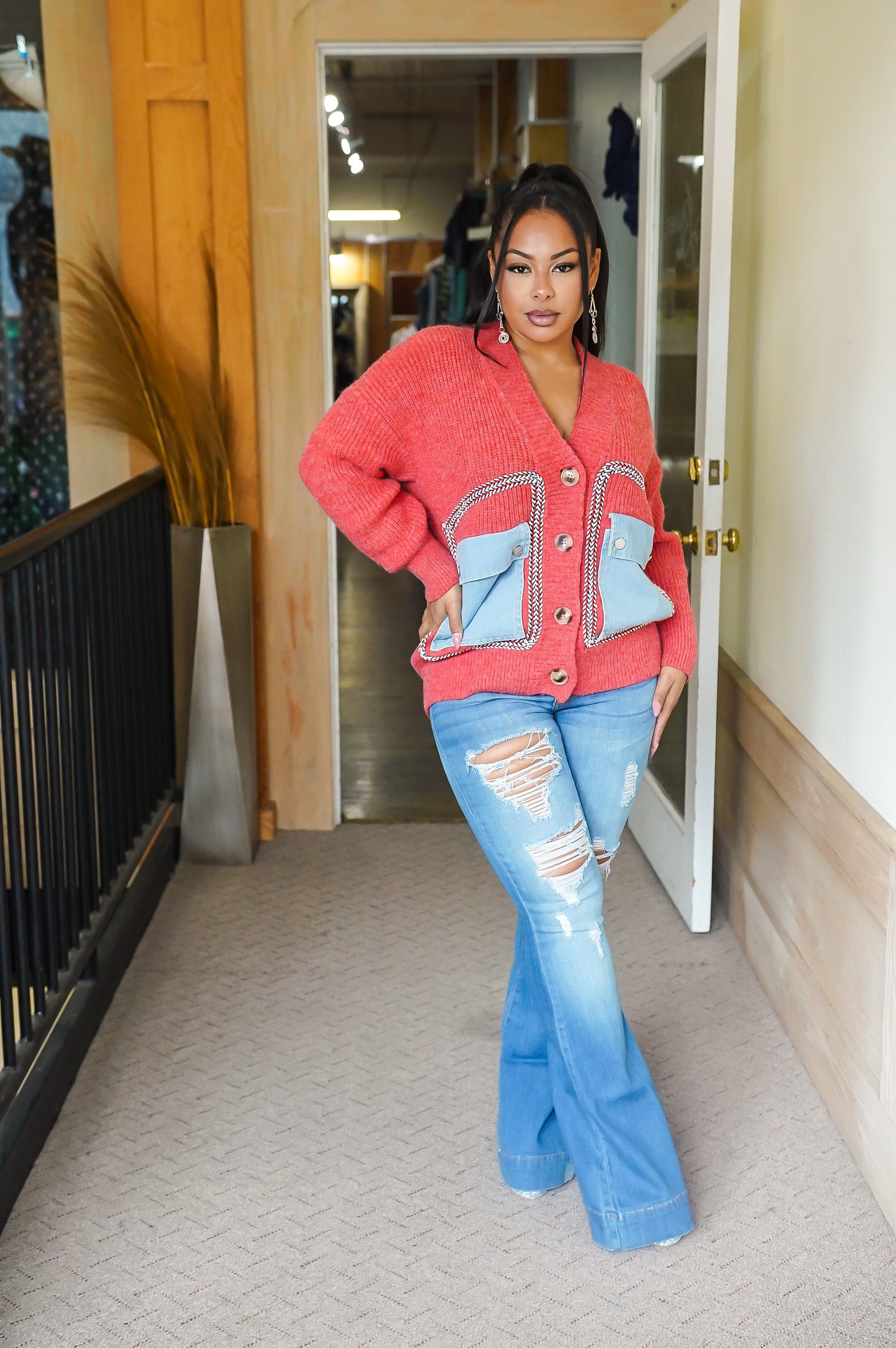 School Gurl Denim Mix Cardigan (Orange)