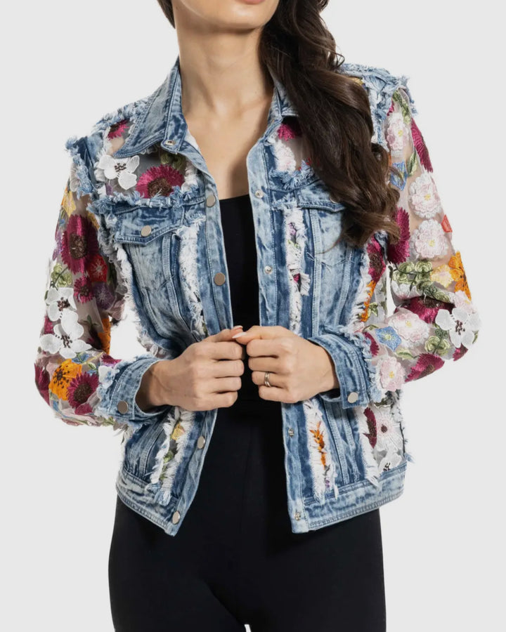 Denim Sheer Flower Petals Jacket