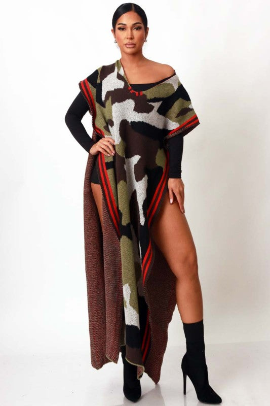 Camo Statement Long Poncho Cardigan