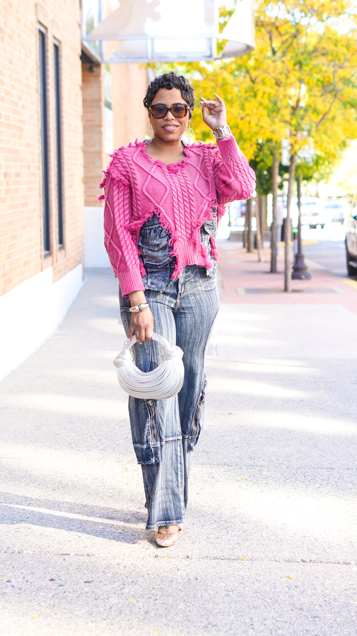 I'm Over it Denim Sweater Top (Pink)