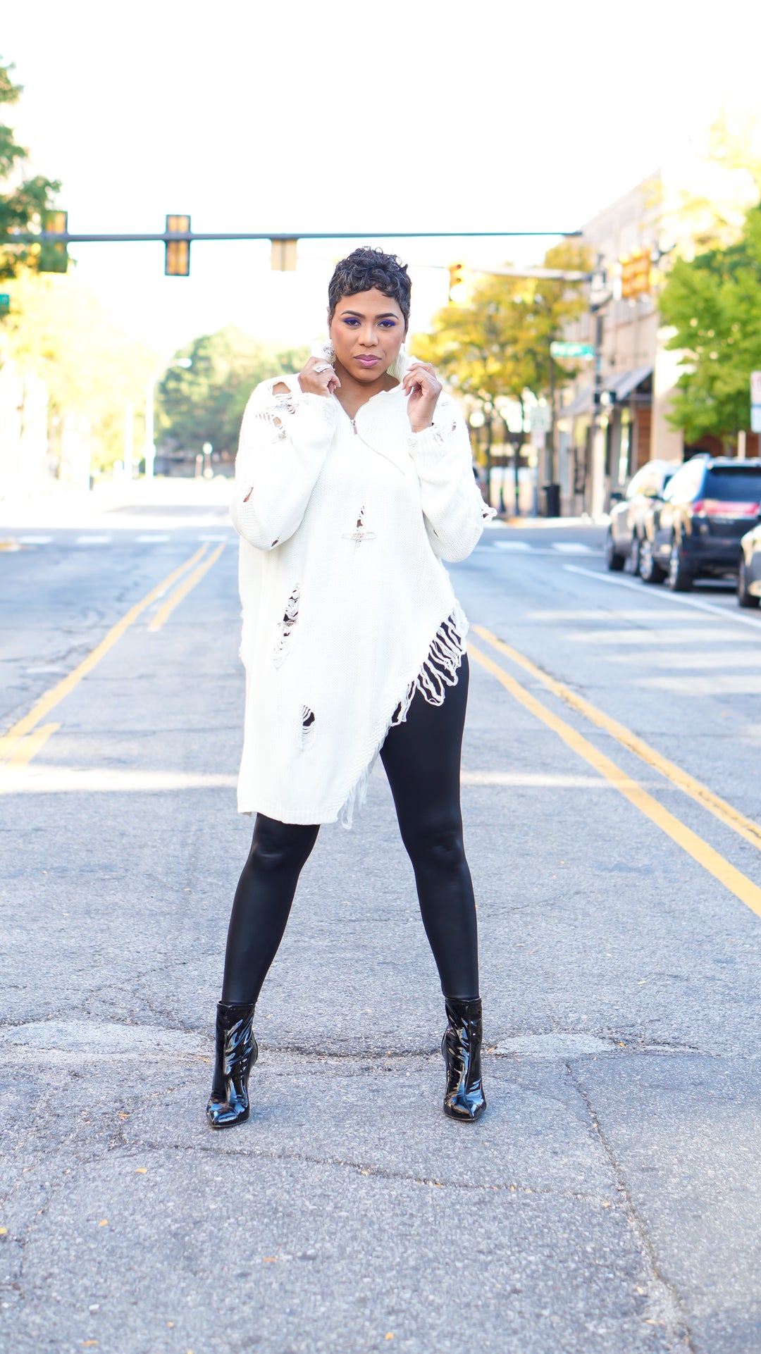 Rips & Pins Distressed Asymmetrical Sweater (Ivory)