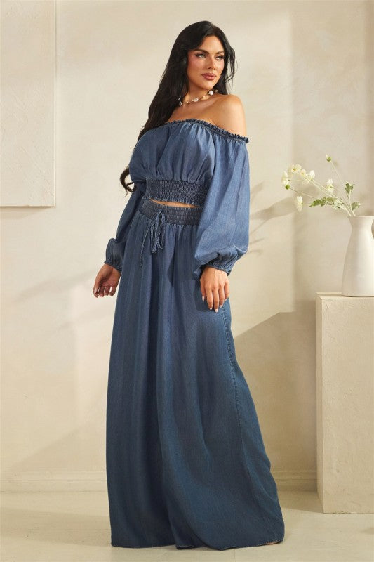 Denim Love Wide Leg Off shoulder Pants Set