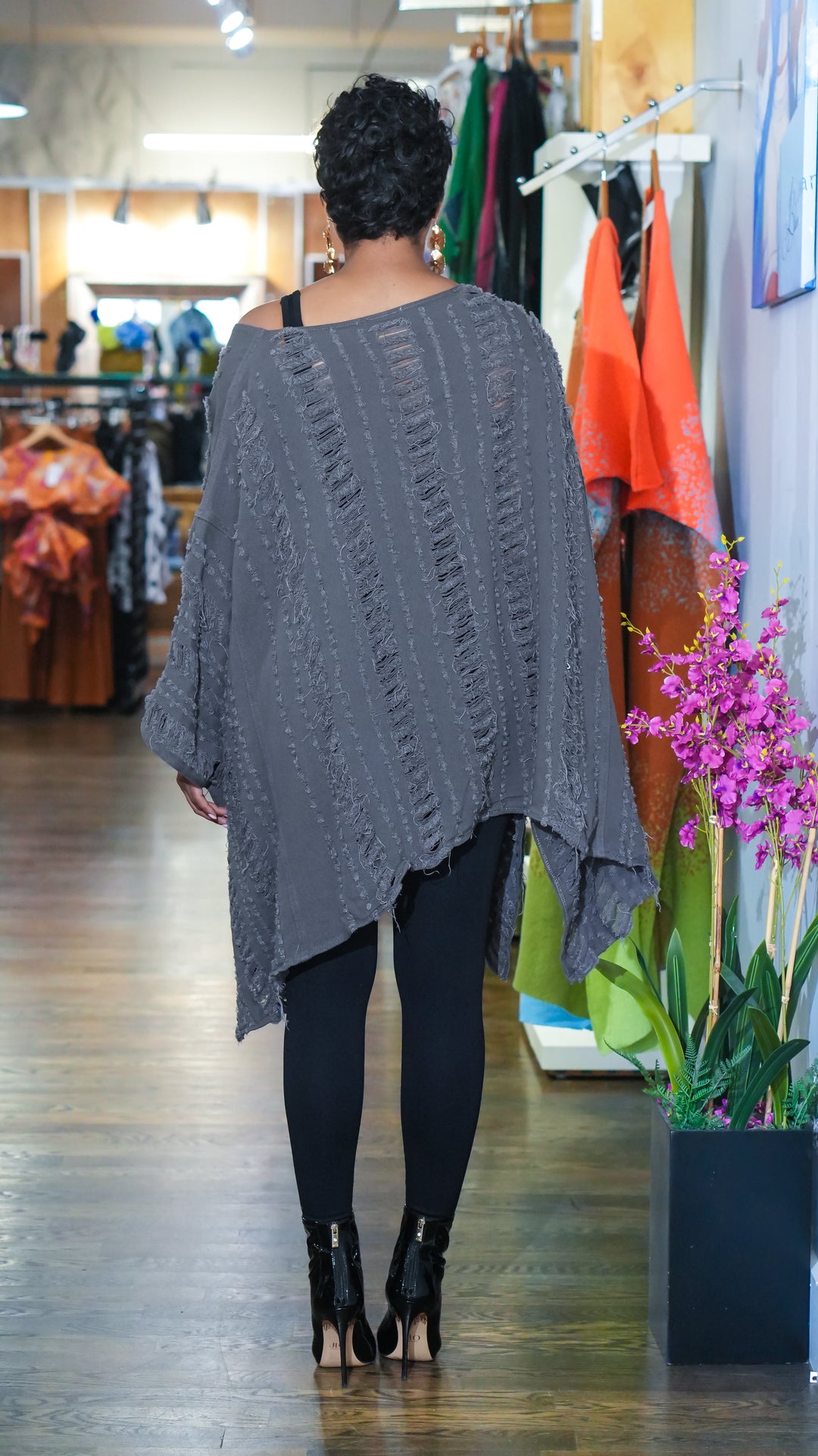 All Ripped Up Asymmetrical Oversized Top (Charcoal)
