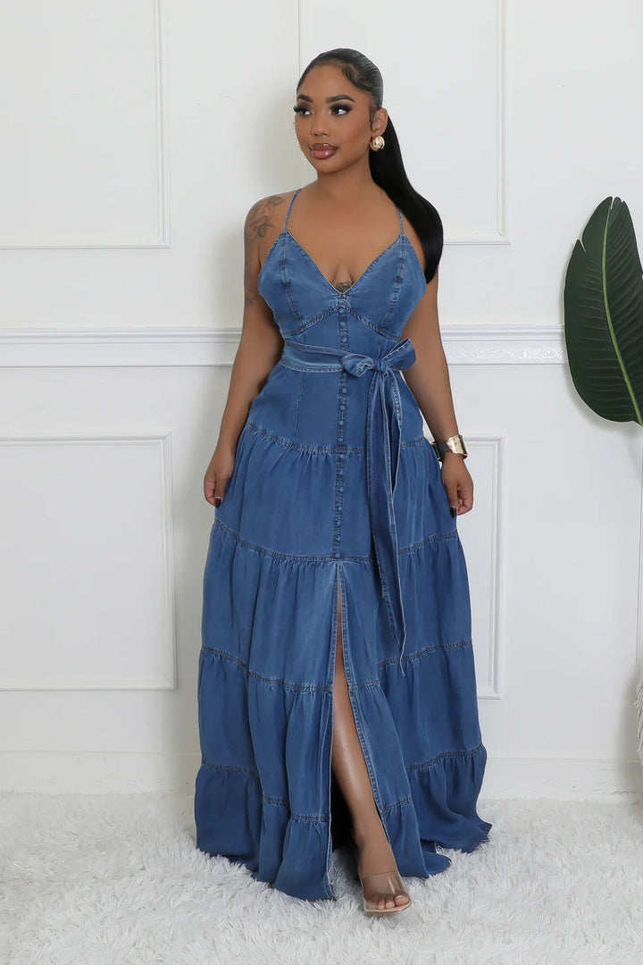 Rosetta Strappy Denim Maxi Dress