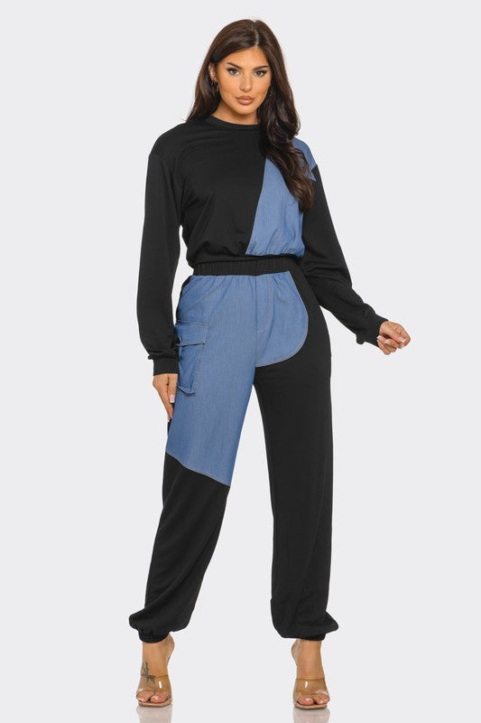 ColorBlock Denim Detail Pants Set- Mocha/Denim