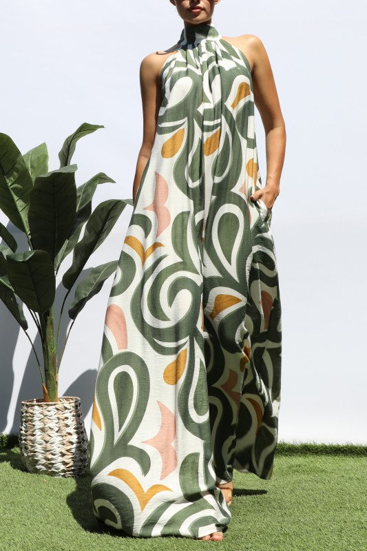 Seaside Swirl Statement Palazzo Jumpsuit (Olive Multi)