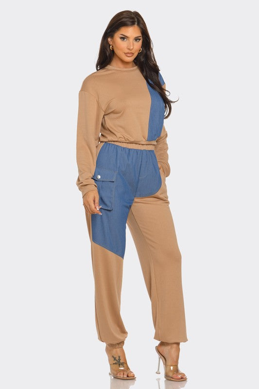 ColorBlock Denim Detail Pants Set- Mocha/Denim