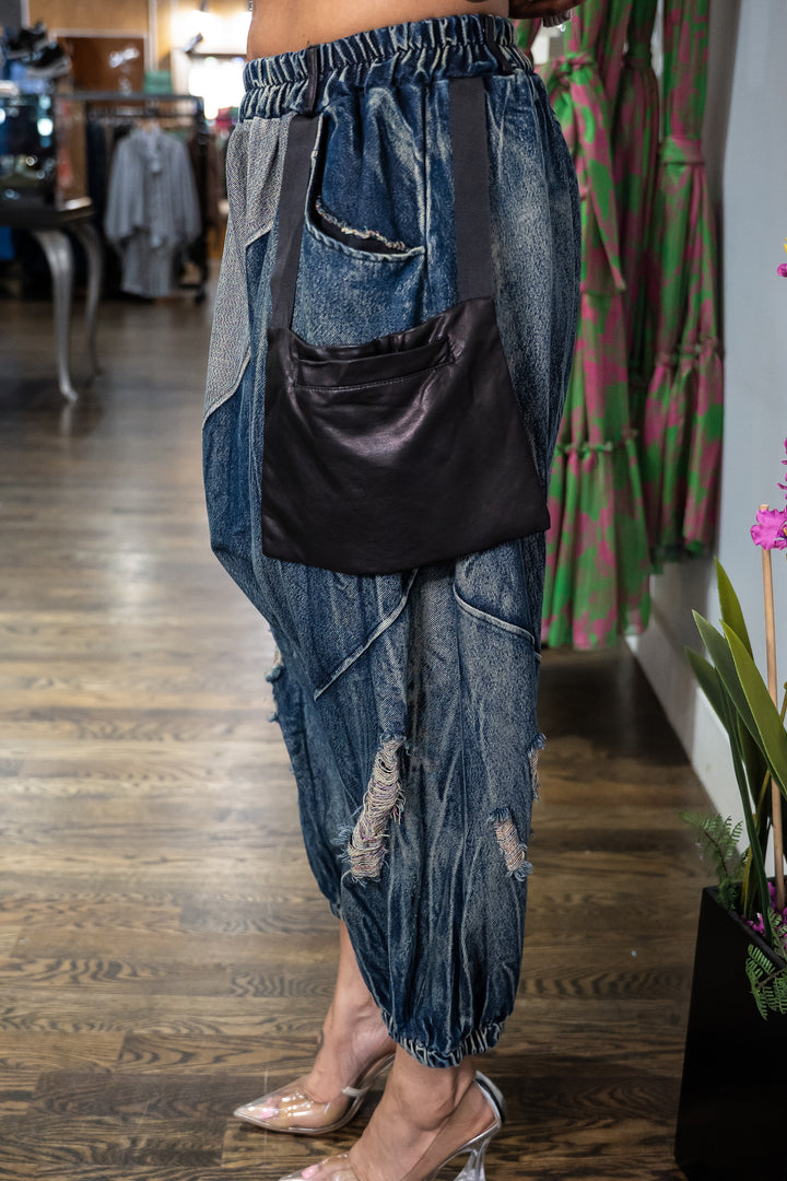 Patchwork & Leather Harem Jeans