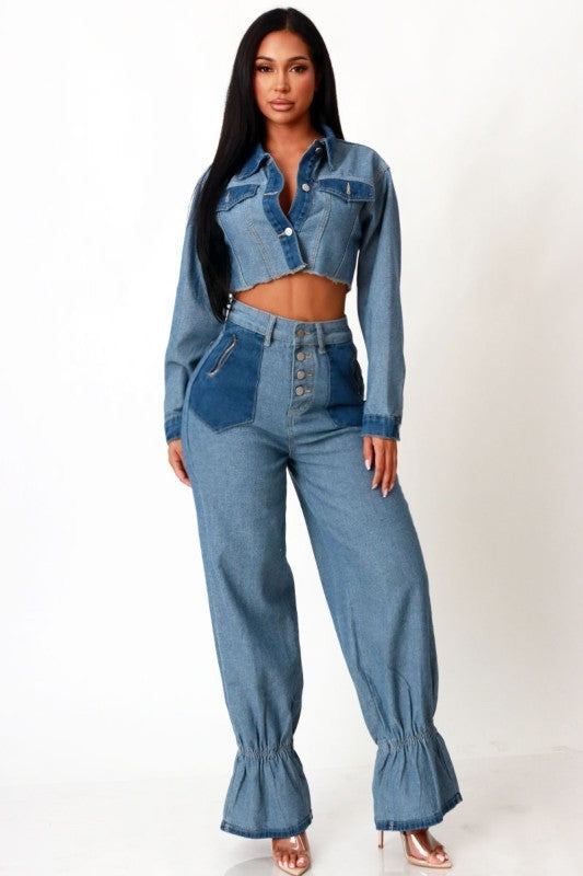 Lizzy Patchwork Denim Crop Pants Set