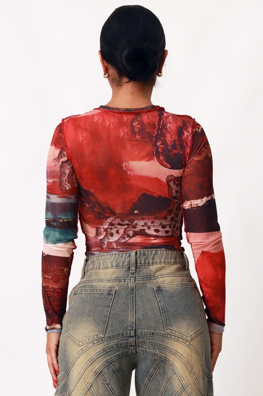 All over graphic leopard Mesh Top