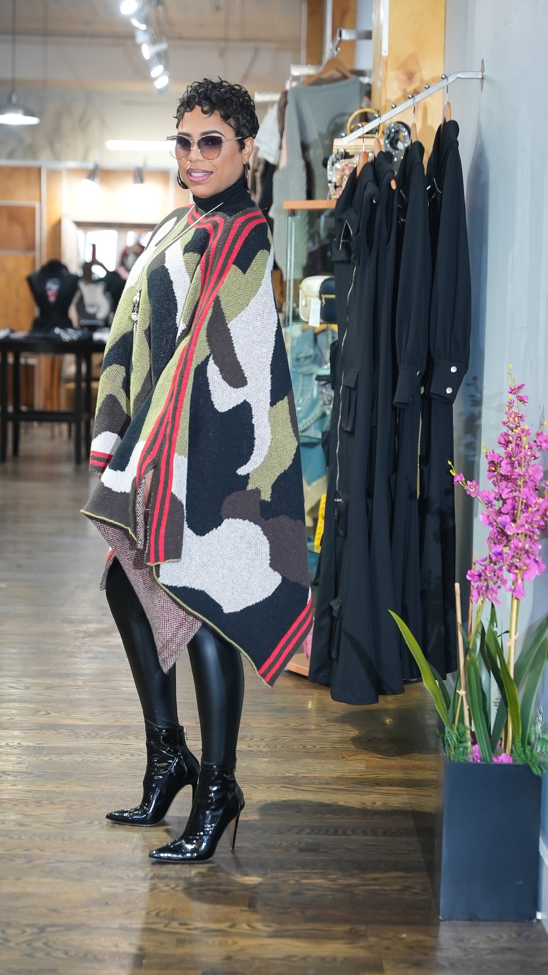 Effortless Bold Camo Poncho Sweater
